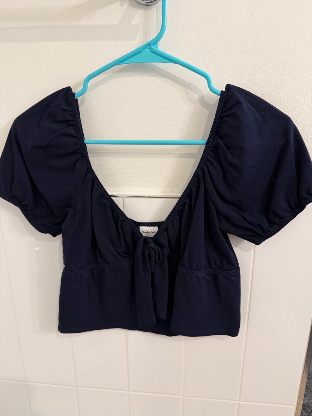 Sunday Best Navy Tie-Front Puff Sleeve Crop Top